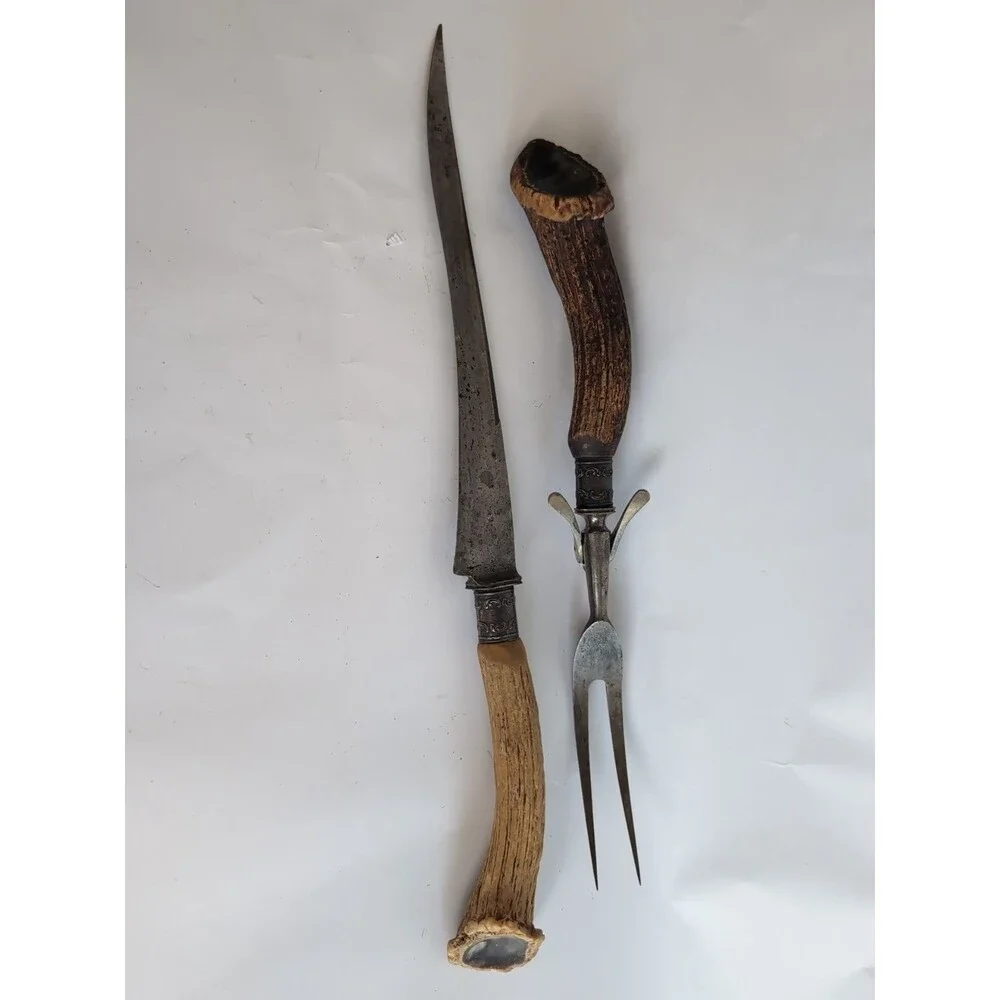 Antique Carving Knife Set Sterling Silver Antler Landers Frary Clark Dated 1885